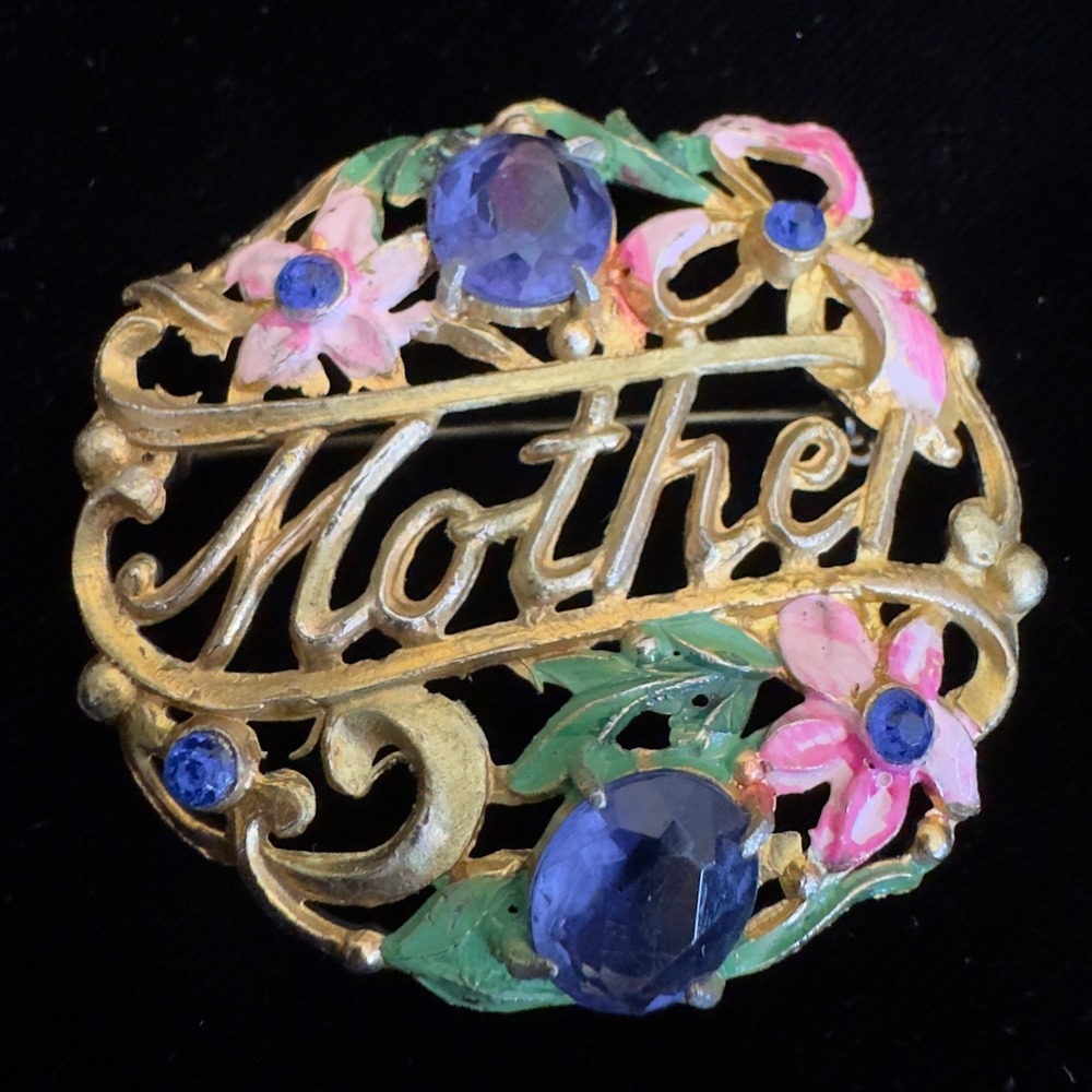 Art Deco Mother Brooch Pin 2" Gold Tone Pink Flora Enamel Blue Rhinestone Granny